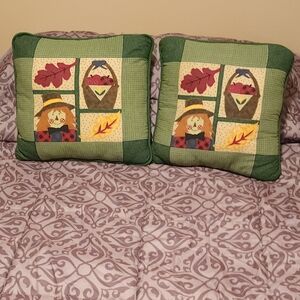 Scarecrow & Basket Pillows 2 Autumn Scenes Features Green Color Palette 16"x16"